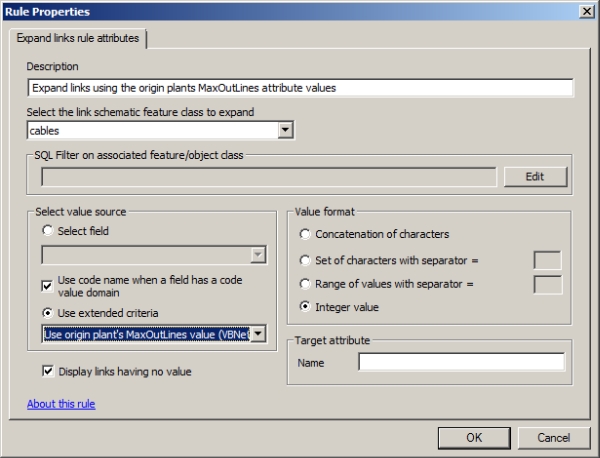 Expand Links rule properties page specified to expand each Cables schematic link according to the MaxOutLines field value on its origin Plants schematic node