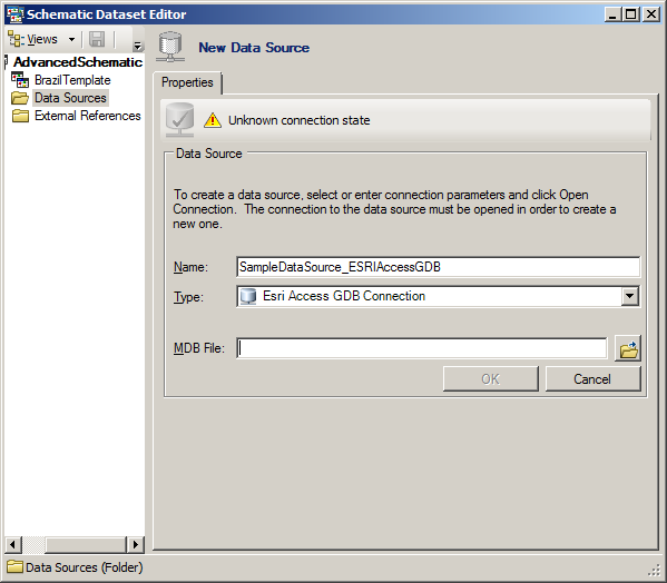 Properties tab for an ESRI Access GDB Connection data source - initial content