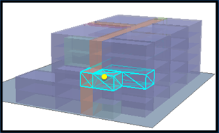 Ergebnis bei Auswahl der Räume mit der Beziehung "WITHIN_A_DISTANCE_3D" zum gelben Punkt