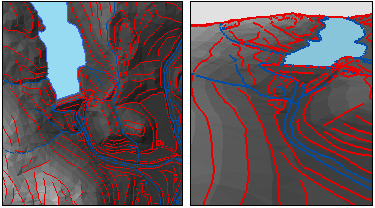 Planimetrische und perspektivische Ansicht einer TIN-Oberfläche mit Bruchkanten und Füllpolygon