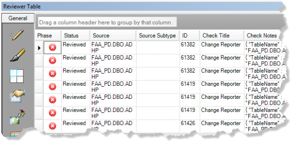 Reviewer table records identifying changes to the specified feature classes and tables