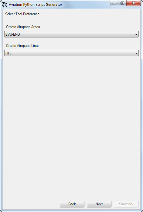 Aviation Python Script Generator wizard with the Select Tool Preference section
