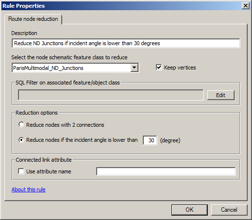 Route Node Reduction rule properties specified to reduce the red ParisMultimodal_ND_Junctions when their incident links formed an angle lower than 30 degrees