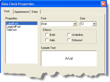 Registerkarte "Schriftart" im Dialogfeld "Datenuhr-Eigenschaften"