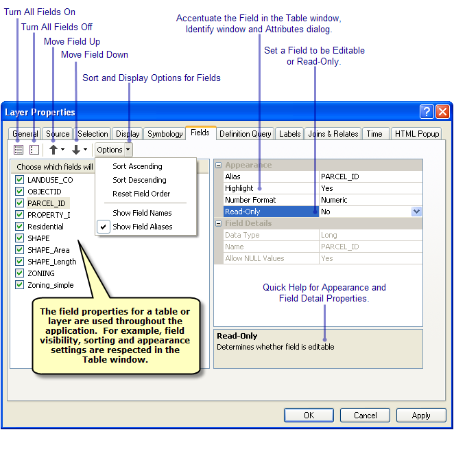 Registerkarte "Felder" in ArcGIS