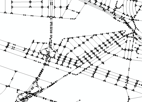 Es werden mehrere Linien-Endpunkte angezeigt. An jedem Schnittpunkt und in einigen Fällen auch entlang eines Straßensegments befinden sich Endpunkte.