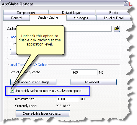 Deaktivieren des Festplatten-Cache auf Anwendungsebene im Dialogfeld "ArcGlobe-Optionen"
