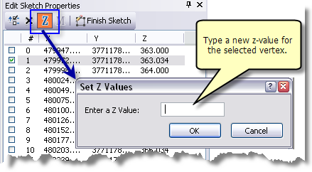 Verwenden Sie die Schaltfläche "Z-Wert für ausgewählte Stützpunkte festlegen", um einen neuen Z-Wert einzugeben, wenn Sie Feature-Attribute ändern.