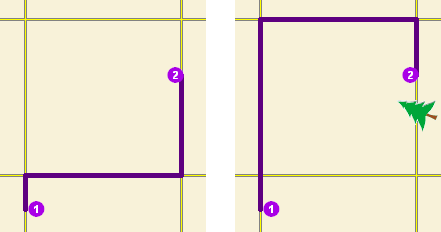 Die zwei Karten veranschaulichen, wie sich eine Punkt-Barriere für Einschränkungen auf eine Routenanalyse auswirkt.