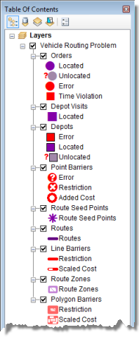 Ein im Inhaltsverzeichnis angezeigter Analyse-Layer für das Vehicle Routing Problem