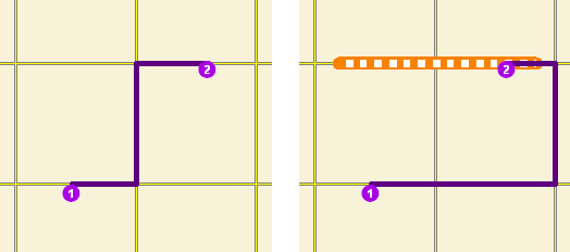 Die zwei Karten veranschaulichen, wie sich eine Linien-Barriere für skalierte Kosten auf eine Routenanalyse auswirkt.