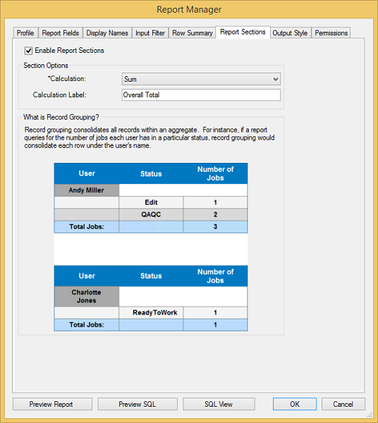 Grouping/Summary on the Report Sections tab