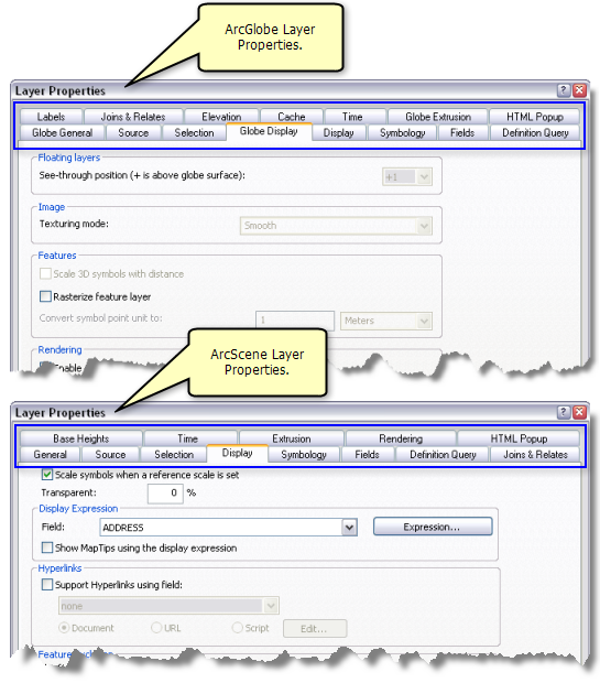 Die Layer-Eigenschaften-Dialogfelder von ArcGlobe und ArcScene