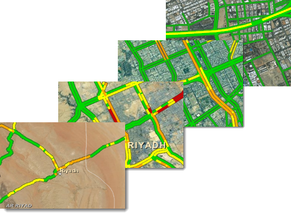 Die gerenderten Verkehrsdaten ändern sich mit dem Vergrößern des Kartenmaßstabs.