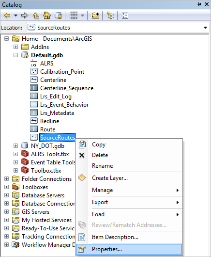 Right-click to open feature class properties for the source route