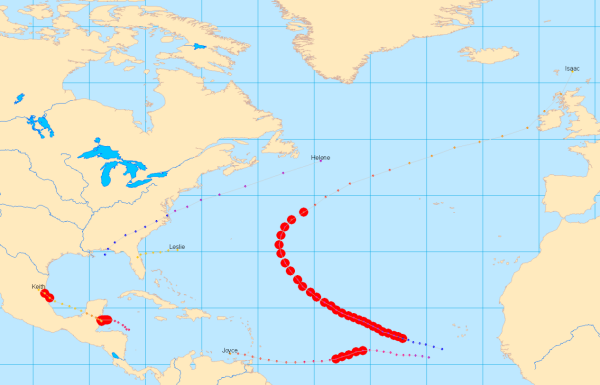 Mit der Aktion "Hervorhebung" werden Hurrikane mit sehr hohen Windgeschwindigkeiten angezeigt.