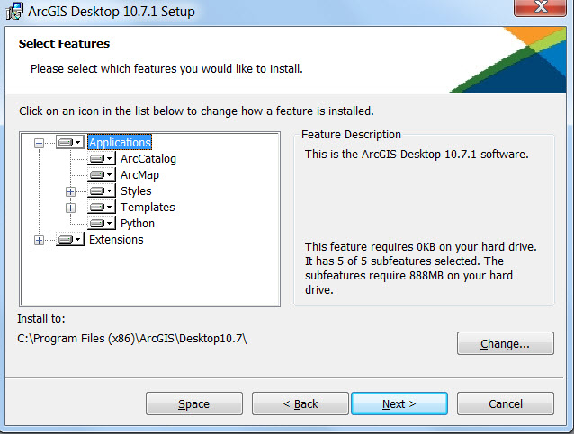 Wählen Sie Funktionen aus, die mit ArcGIS Desktop installiert werden sollen.