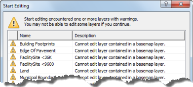 Warnungen für Grundkarten-Layer im Dialogfeld "Bearbeitung starten"