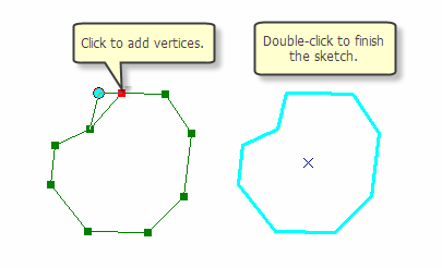 Editierskizze für ein Polygon (links) und fertig gestellte Skizze bzw. das Polygon-Feature (rechts)