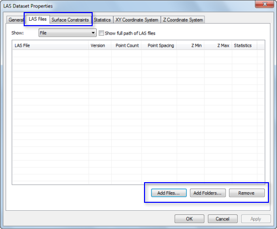 Registerkarten "LAS-Dateien" und "Oberflächeneinschränkungen" im Fenster "Eigenschaften: LAS-Dataset"