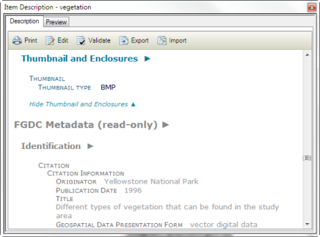 Wenn die Metadaten eines Elements Informationen im FGDC-Format enthalten, werden diese am unteren Rand der Seite angezeigt.