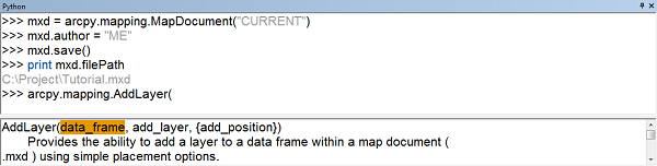 Screen capture of AddLayer syntax in Python window