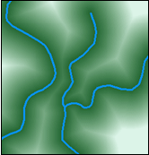 Mit dem Werkzeug "Euclidean Distance" wird die geradlinige Entfernung zu Features der einzelnen Zellen gemessen.