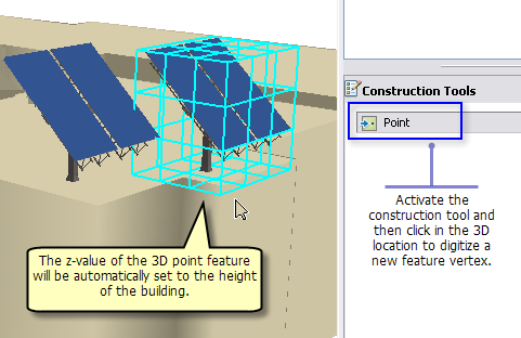 Klicken auf das Dach eines Gebäudes als Beispiel für die Digitalisierung von 3D-Punkt-Features. Die Höhe des 3D-Punkt-Features entspricht der Höhe des Gebäudes, auf dem der Punkt platziert ist. Der Feature-Layer ist mit einem festgesetzten 3D-Style in Form von Solarbatterien dargestellt.