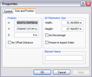 Die Registerkarte "Eigenschaften von Größe und Position" für Grafiken in ArcScene