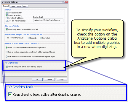 "Nach dem Zeichnen einer Grafik Zeichenwerkzeuge aktiviert lassen" im Dialogfeld "ArcScene-Optionen"