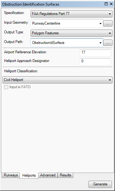 Heliports tab on the Obstruction Identification Surfaces window