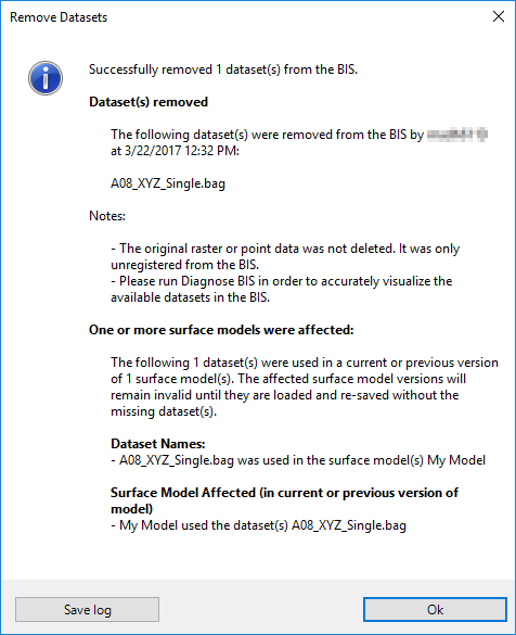 Message on datasets removed