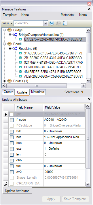 Selected features and their attribute values