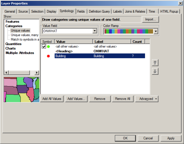 Symbology tab—ServiceLocation schematic features sample drawing based on particular ONWHAT GIS attribute values