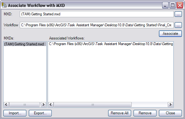 Associate Workflows with MXD dialog box Associate Workflows with MXD dialog box