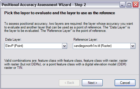 Pick the layer to evaluate and the layer to use as the reference dialog box Pick the layer to evaluate and the layer to use as the reference dialog box