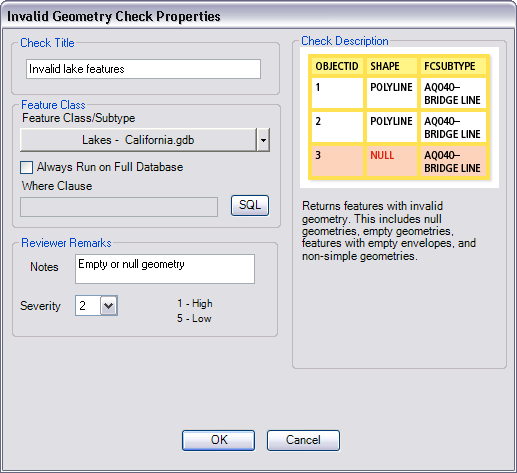 Invalid Geometry Check Properties dialog box Invalid Geometry Check Properties dialog box