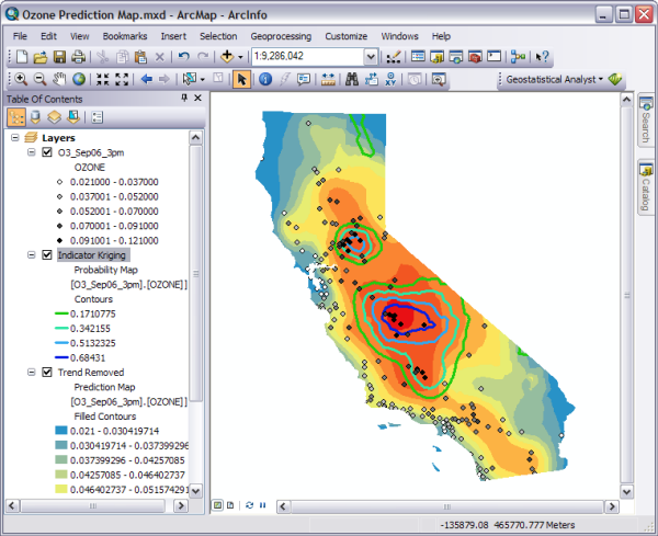 Map of ozone concentrations and probability contours Map of ozone concentrations and probability contours