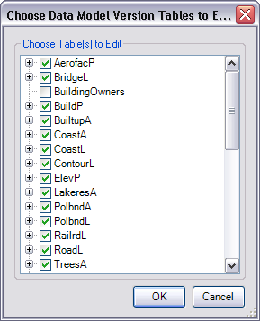Choose Data Model Version Tables to Edit dialog box Choose Data Model Version Tables to Edit dialog box