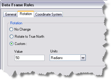 The Rotation tab of the Data Frame Rules dialog box The Rotation tab of the Data Frame Rules dialog box