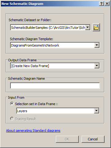 New Schematic Diagram dialog box—Content after the SchematicBuilderSamples tutorial schematic dataset has been specified New Schematic Diagram dialog box—Content after the SchematicBuilderSamples tutorial schematic dataset has been specified
