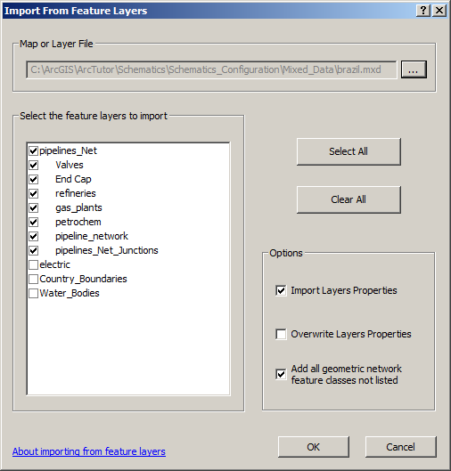 Import From Feature Layers dialog box after selecting the Brail MXD file Import From Feature Layers dialog box after selecting the Brail MXD file