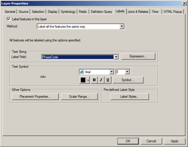 Labels tab—ServiceLocation schematic features sample labeling using the PhaseCode GIS attribute values Labels tab—ServiceLocation schematic features sample labeling using the PhaseCode GIS attribute values