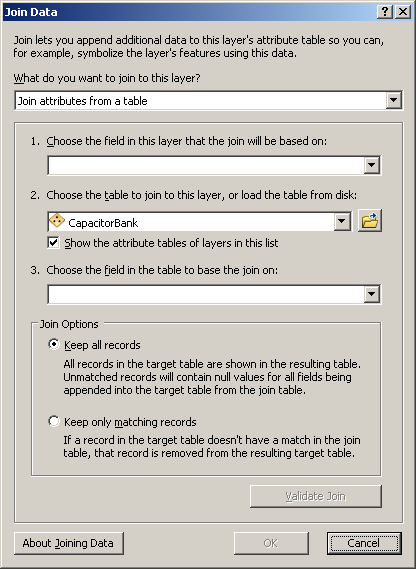 Join Data dialog box—initial content for the ServiceLocation feature layer Join Data dialog box—initial content for the ServiceLocation feature layer