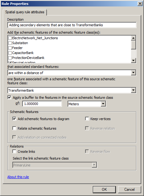 Spatial Query rule properties page specified to add secondary elements that are close to TransformerBank features Spatial Query rule properties page specified to add secondary elements that are close to TransformerBank features