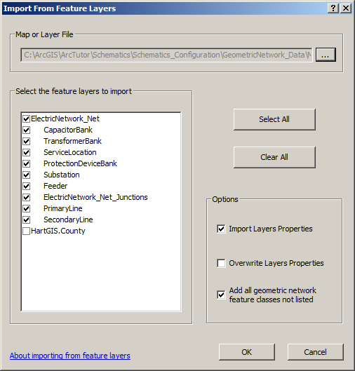 Import From Feature Layers dialog box after a map document is specified Import From Feature Layers dialog box after a map document is specified