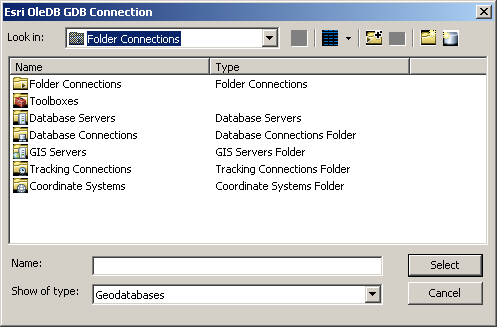 ESRI OleDB GDB Connection dialog box ESRI OleDB GDB Connection dialog box