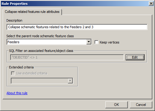 Collapse Related Features rule properties page specified to collapse the schematic features related to the Feeders 2 and 3 Collapse Related Features rule properties page specified to collapse the schematic features related to the Feeders 2 and 3
