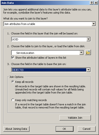 Join Data dialog box—final content for the ServiceLocation feature layer Join Data dialog box—final content for the ServiceLocation feature layer