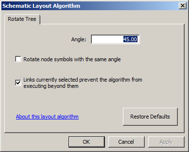 Schematic Layout Algorithm dialog box with Rotate Tree properties tab Schematic Layout Algorithm dialog box with Rotate Tree properties tab